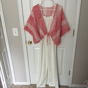 Vintage White Jumpsuit with Sheer Red Patterned Overlay